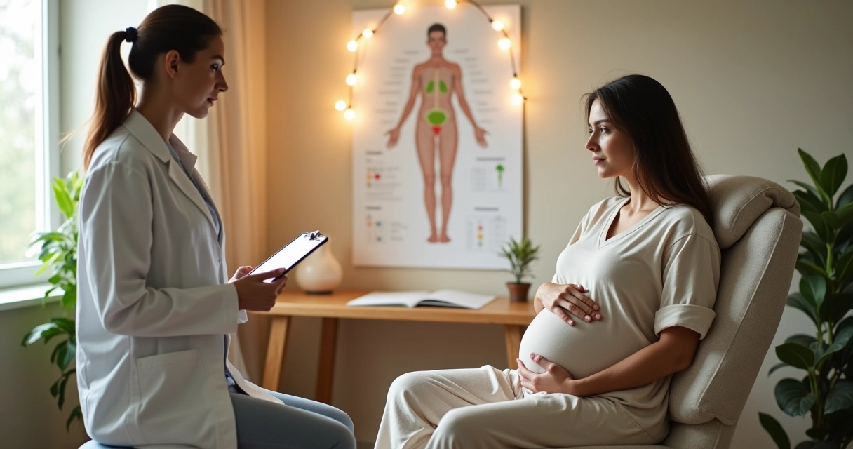Gestante em consulta de acupuntura com quadro esquemático de pontos seguros e evitados 