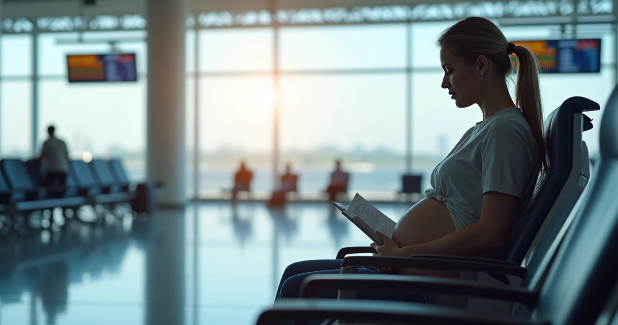 Gestante sentada no aeroporto com mala e documentos 
