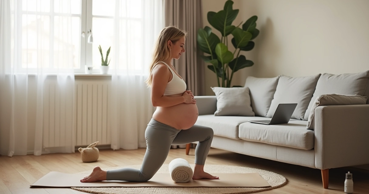 Gestante grávida fazendo exercício suave para aliviar dor pélvica apoiada no sofá 