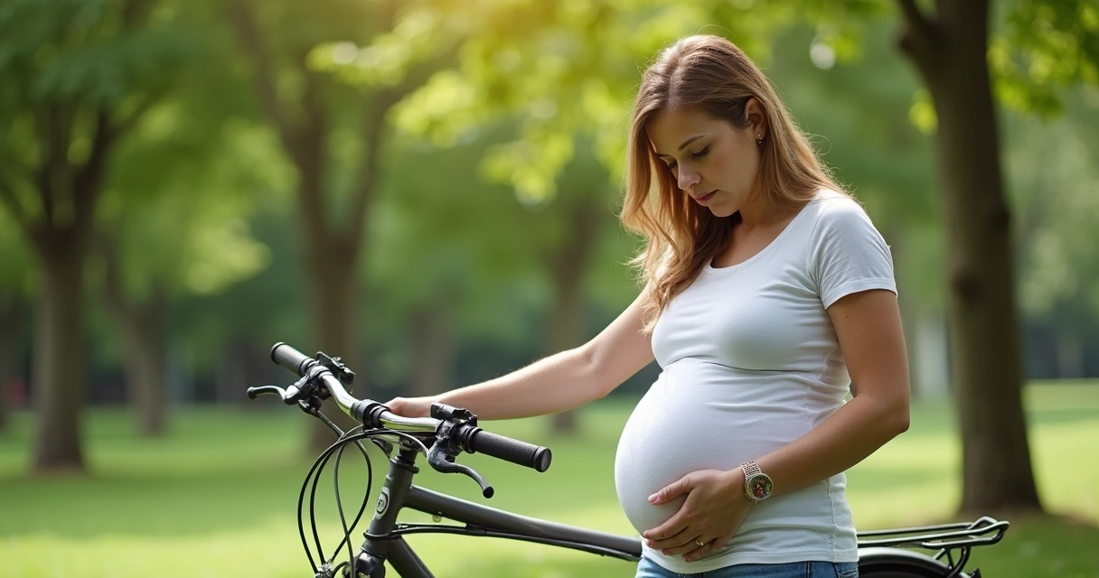 Mulher grávida segurando bicicleta parada em parque 