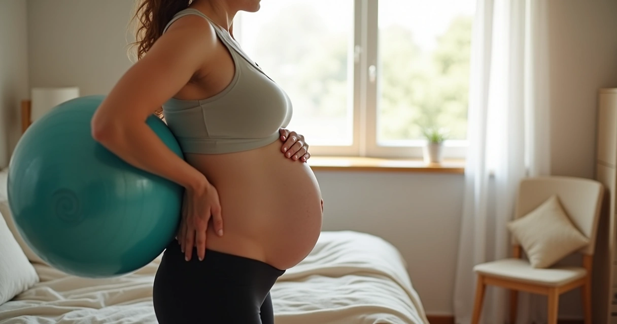 Gestante fazendo alongamento com bola de pilates 