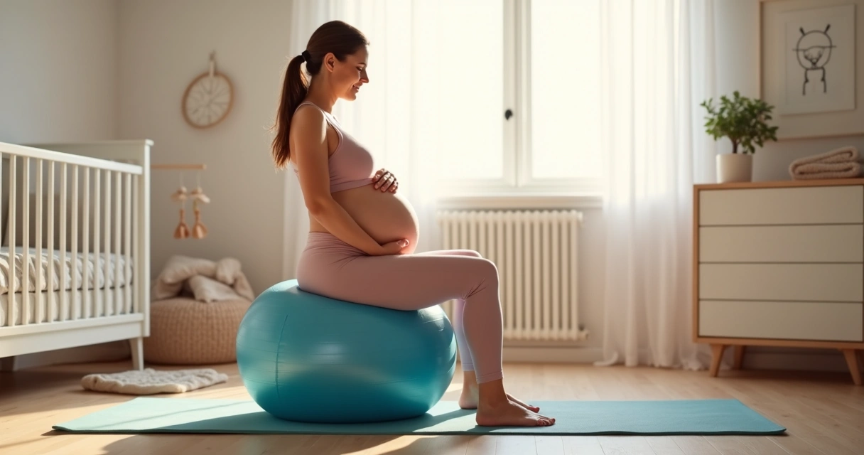 Gestante sentada em bola de pilates fazendo círculos com o quadril em quarto de bebê 