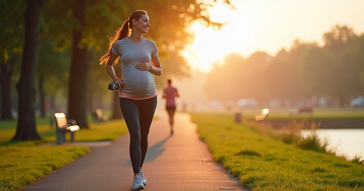 Gestante caminhando em parque ao amanhecer com roupa de treino 