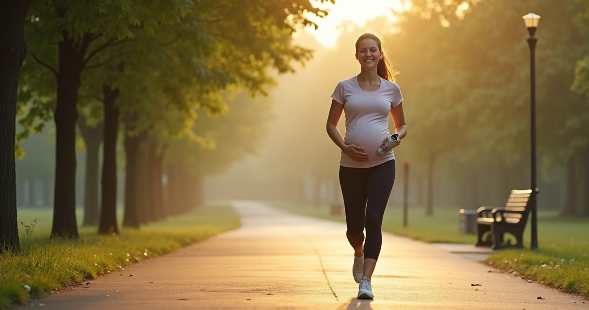Gestante no primeiro trimestre caminhando em parque arborizado ao amanhecer 