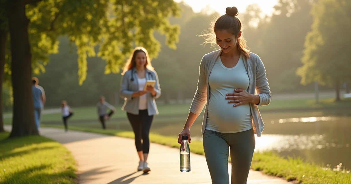 Gestante caminhando em parque com profissional de saúde indicando exercícios seguros 