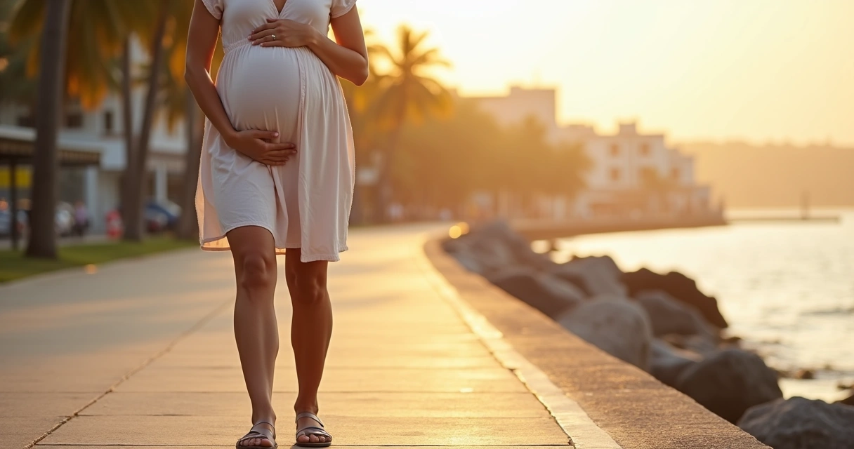 Gestante caminhando à beira-mar apoiando mãos nas pernas 