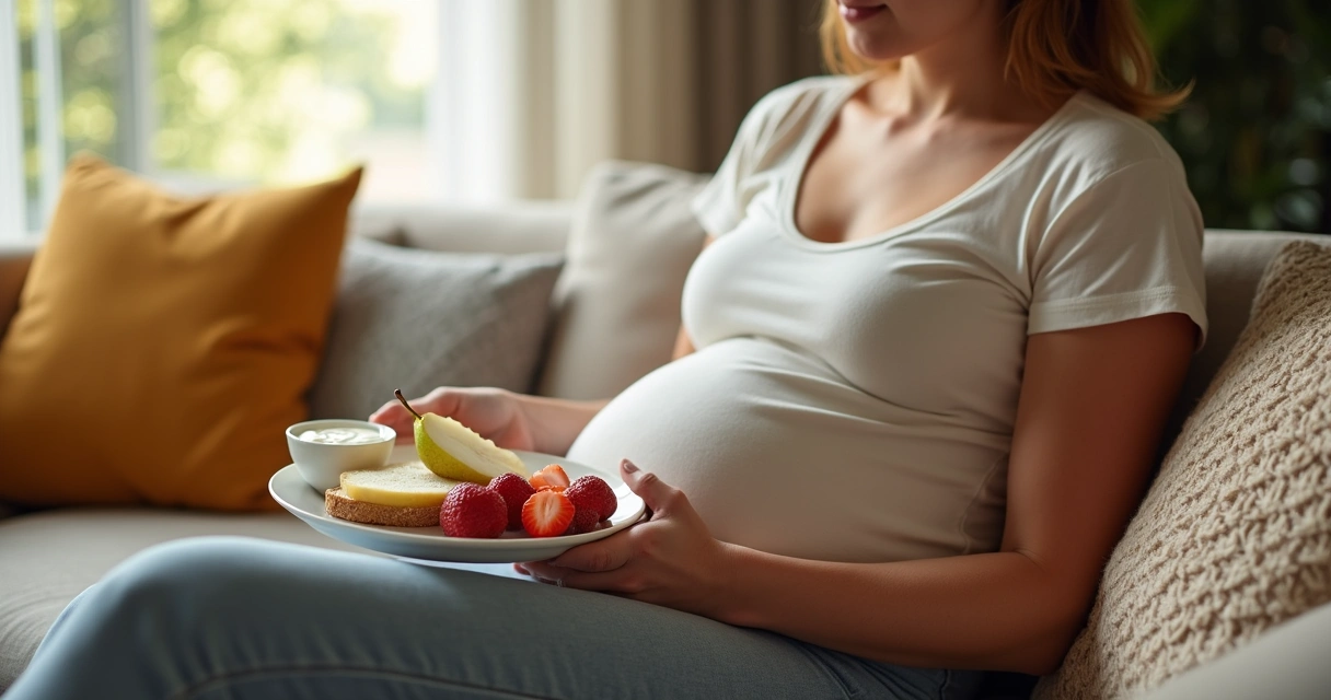 Gestante sentada no sofá comendo lanche saudável com frutas e pão integral 