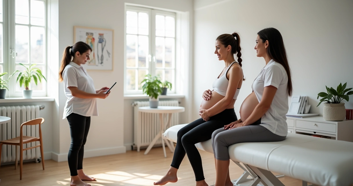 Gestante em consultório discutindo exercícios seguros com equipe de especialistas em gestação 