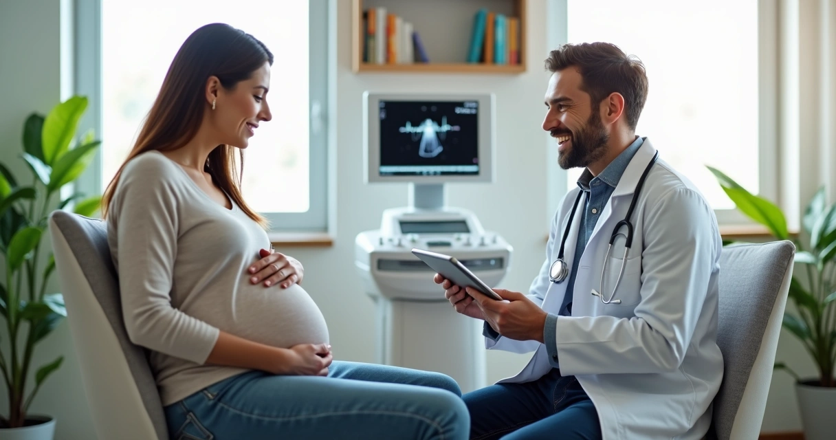 Gestante consultando médico em ambiente hospitalar moderno, com fundo iluminado e equipamentos médicos 