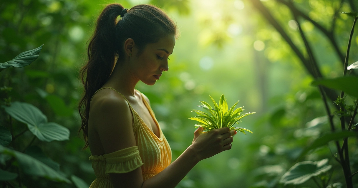 Mulher grávida segurando cápsulas de moringa com folhas frescas ao fundo 