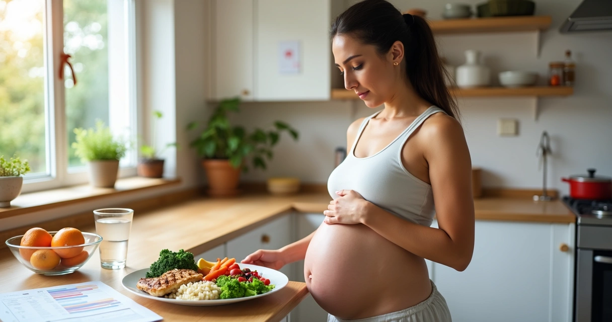 Gestante na cozinha preparando prato saudável com acompanhamento profissional impresso na bancada 