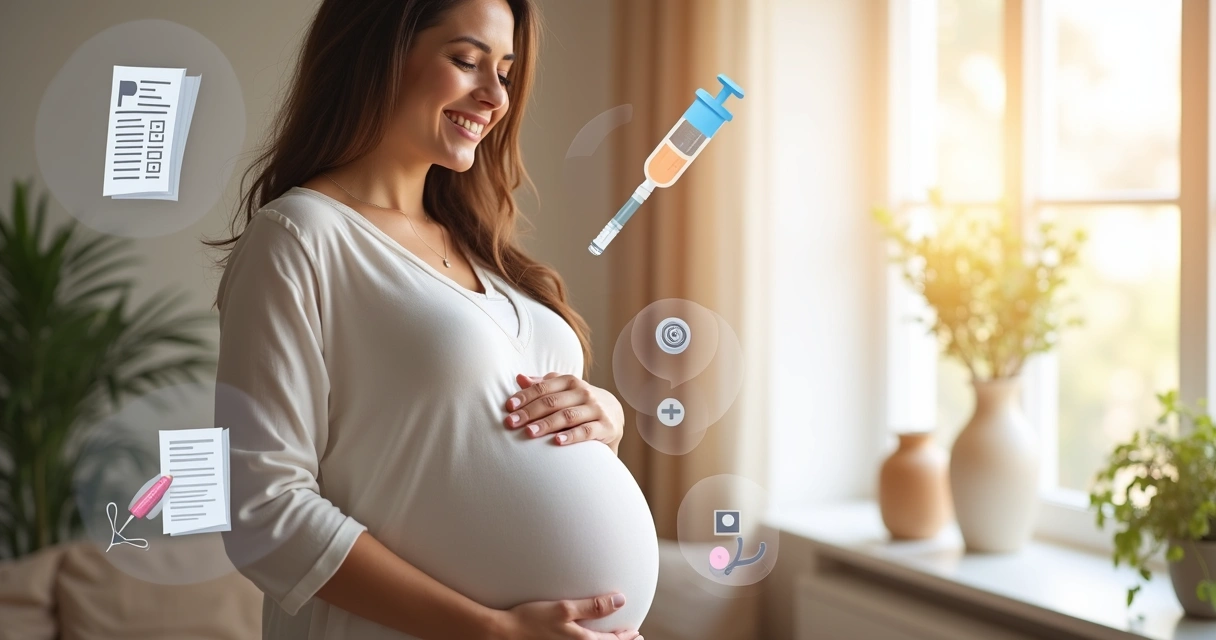 Gestante sorridente segurando a barriga em ambiente claro com elementos médicos ao redor, como exames e documentos de direitos 