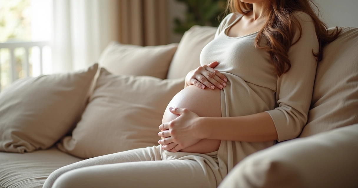 Gestante descansando em um sofá, com as mãos sobre o abdome, aparentando conforto 