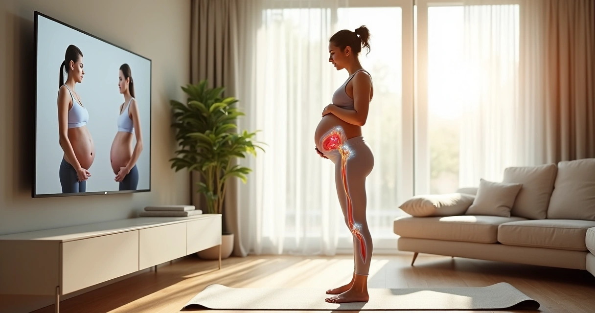 Gestante observando explicação de diástase abdominal com desenho anatômico na barriga 