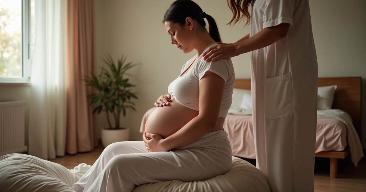 Gestante em trabalho de parto recebendo apoio com massagem 
