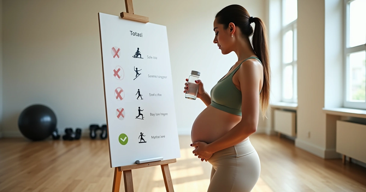 Gestante avaliando quadro com exercícios de risco antes de treinar 