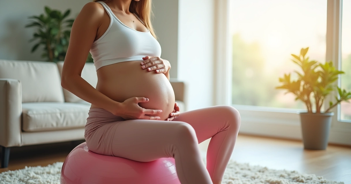 Gestante sentada em bola suíça realizando exercício com foco no assoalho pélvico 