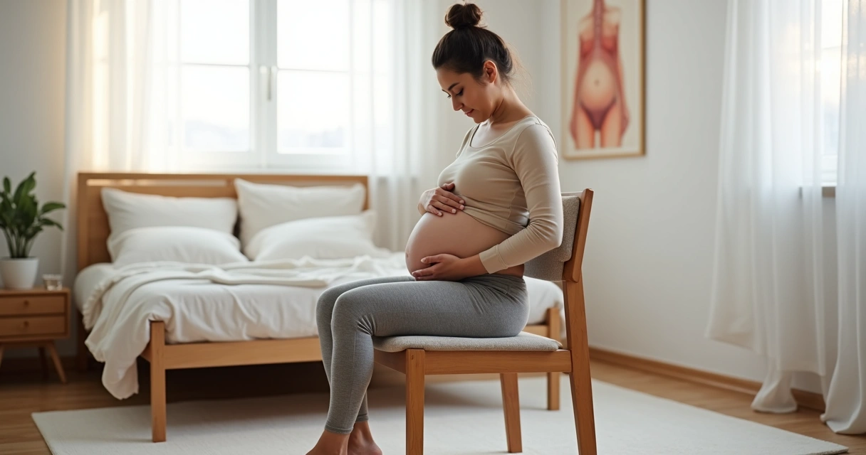 Gestante grávida sentada em cadeira confortável praticando exercício de Kegel com foco no assoalho pélvico 