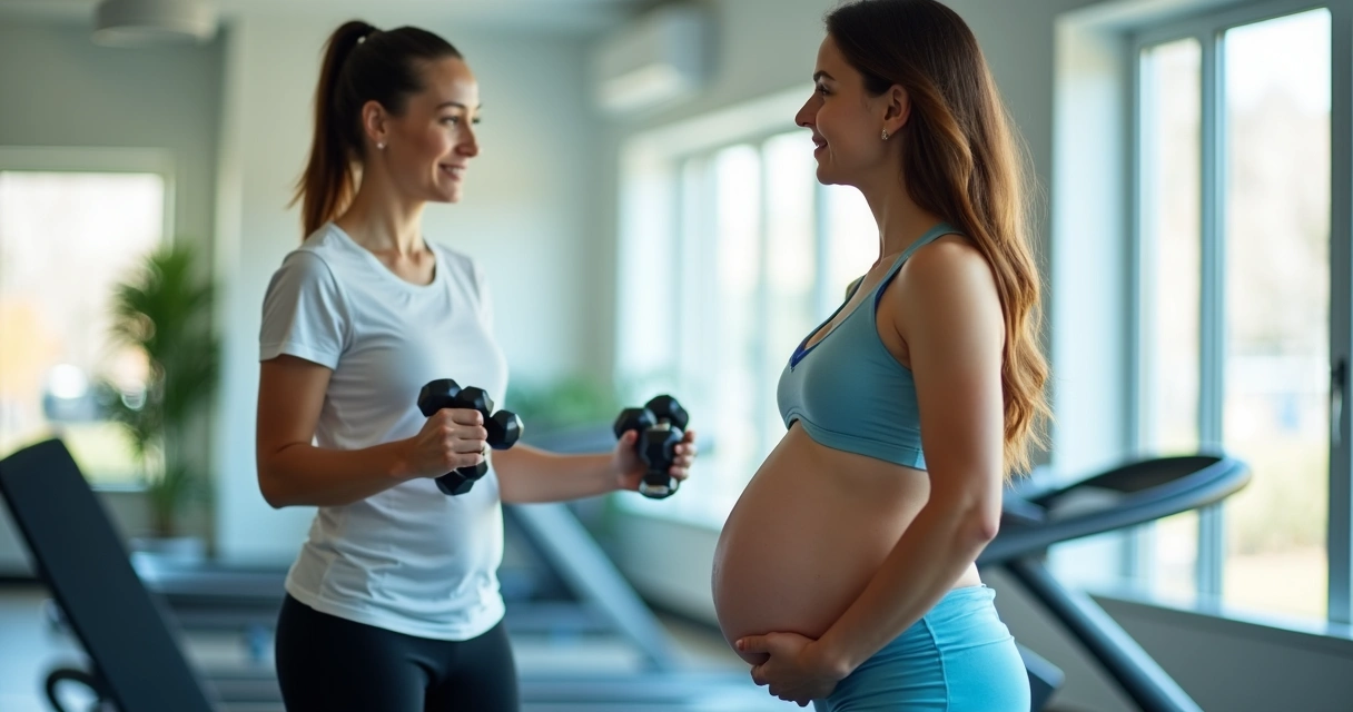 Mulher grávida sorrindo fazendo exercício leve com halteres leves na academia 