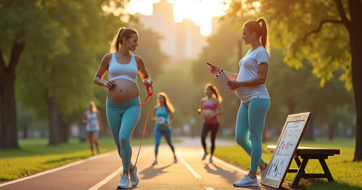 Gestante caminhando em parque ao amanhecer com treinador orientando exercícios 
