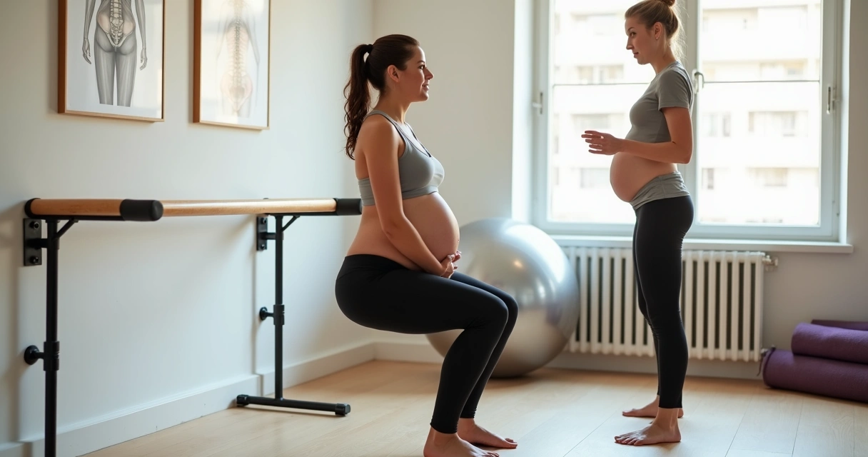 Gestante grávida fazendo agachamento apoiada em barra de pilates com orientação de personal trainer 