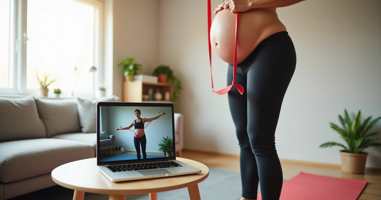 Gestante treinando com faixa elástica em casa ao lado de laptop com instrutora na tela 