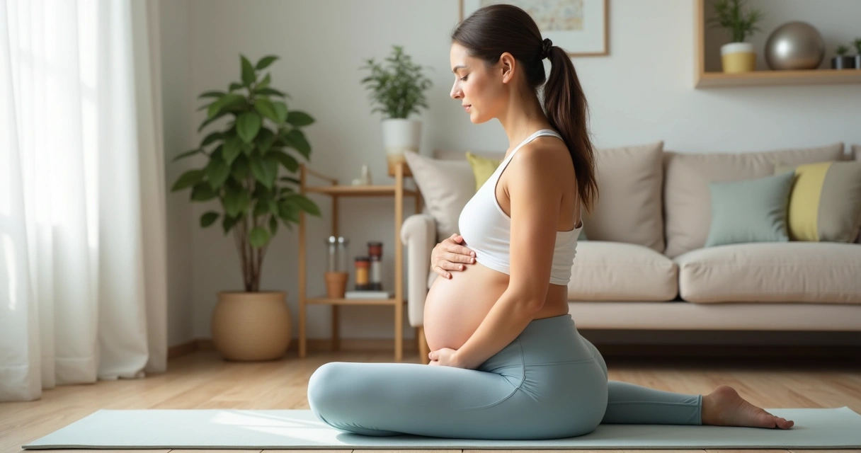 Gestante fazendo postura de yoga em sala de casa iluminada 