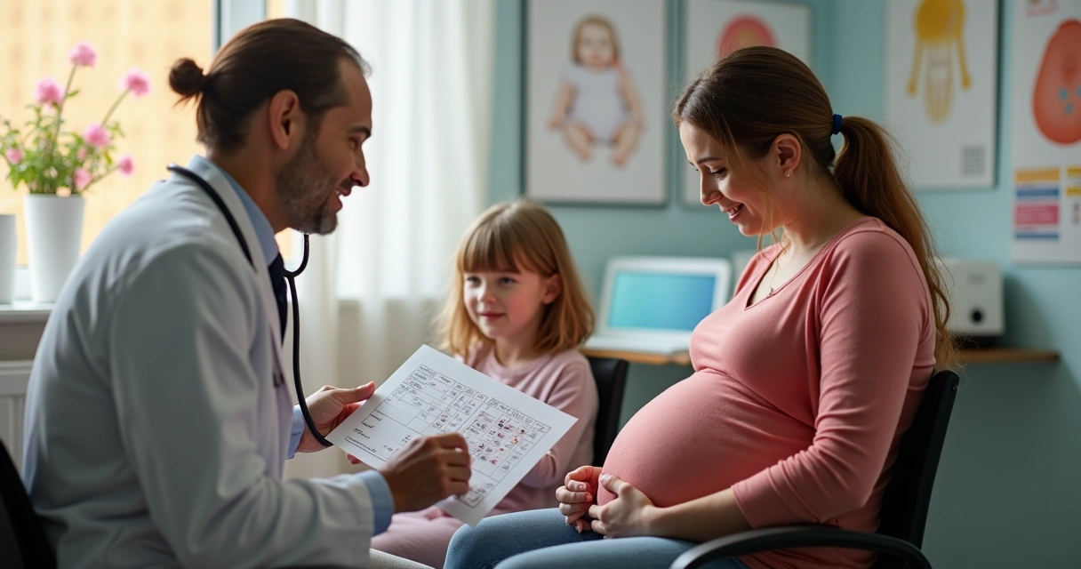Gestante com filha pequena em consulta médica. 
