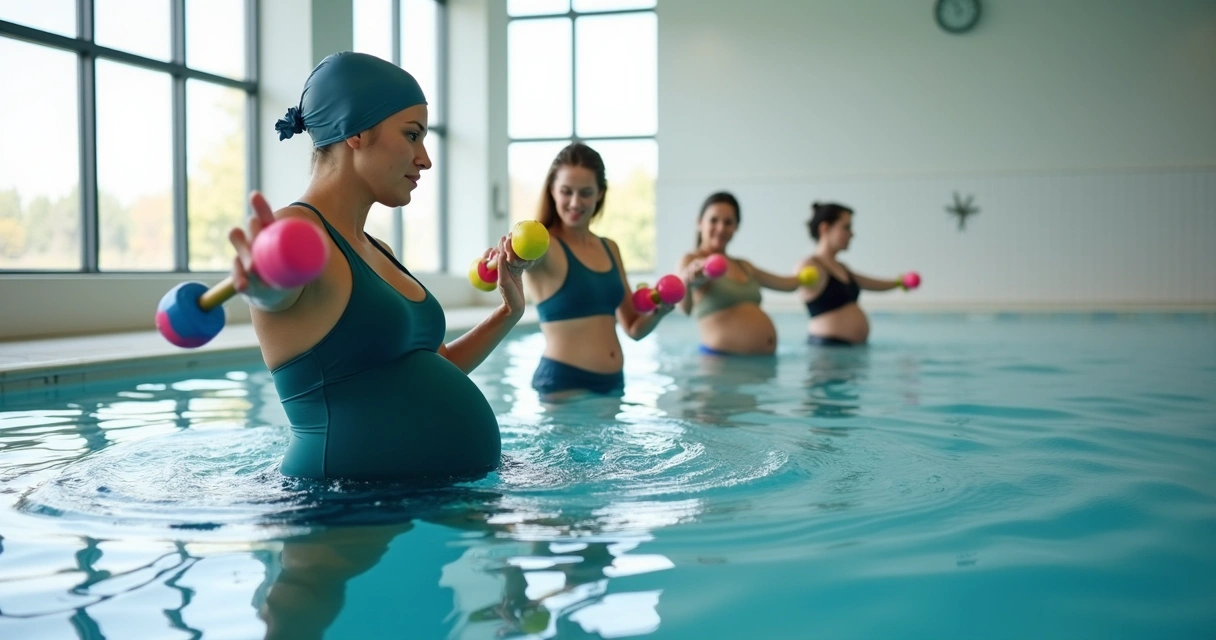 Gestante fazendo hidroginástica em piscina rasa com instrutora ao lado 