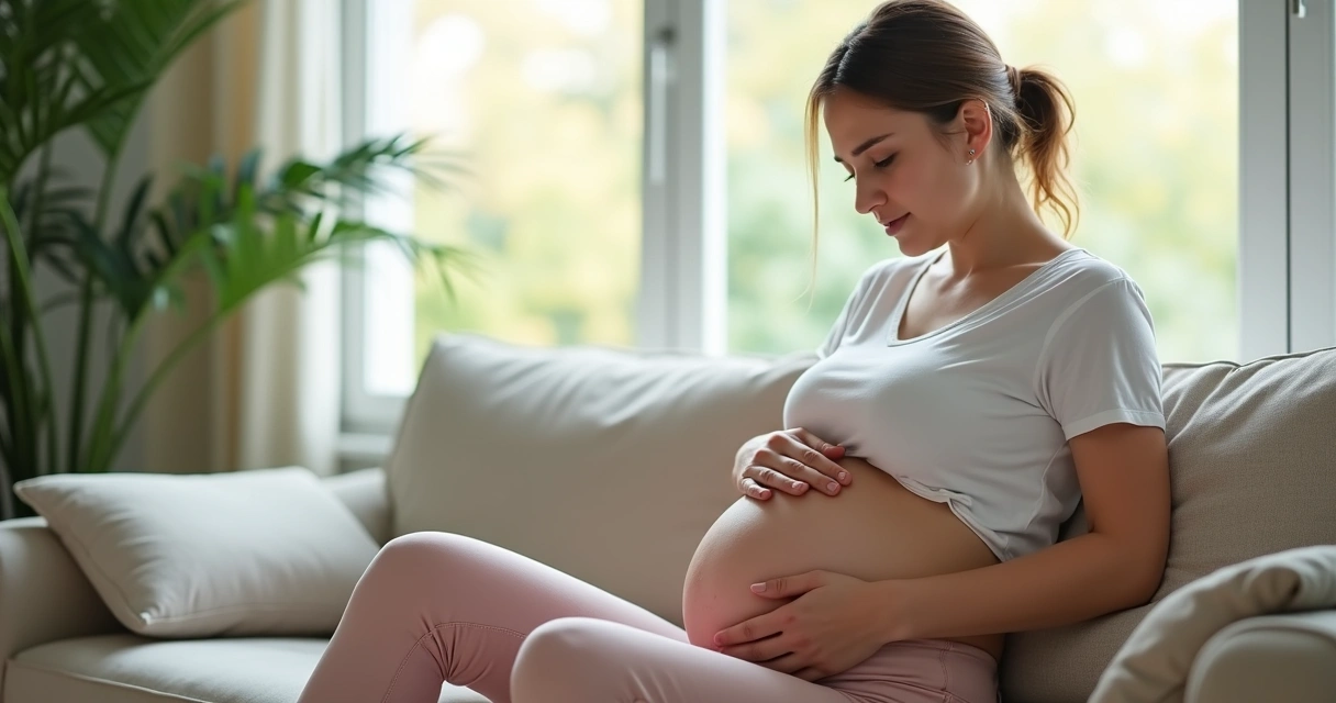 Gestante sentada no sofá com a mão no pé da barriga em postura de atenção 