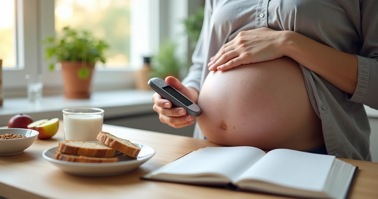 Gestante medindo glicemia na cozinha com alimentos saudáveis 