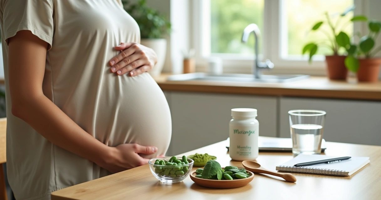 Gestante sentada à mesa segurando cápsulas de moringa no pré-natal alimentar 