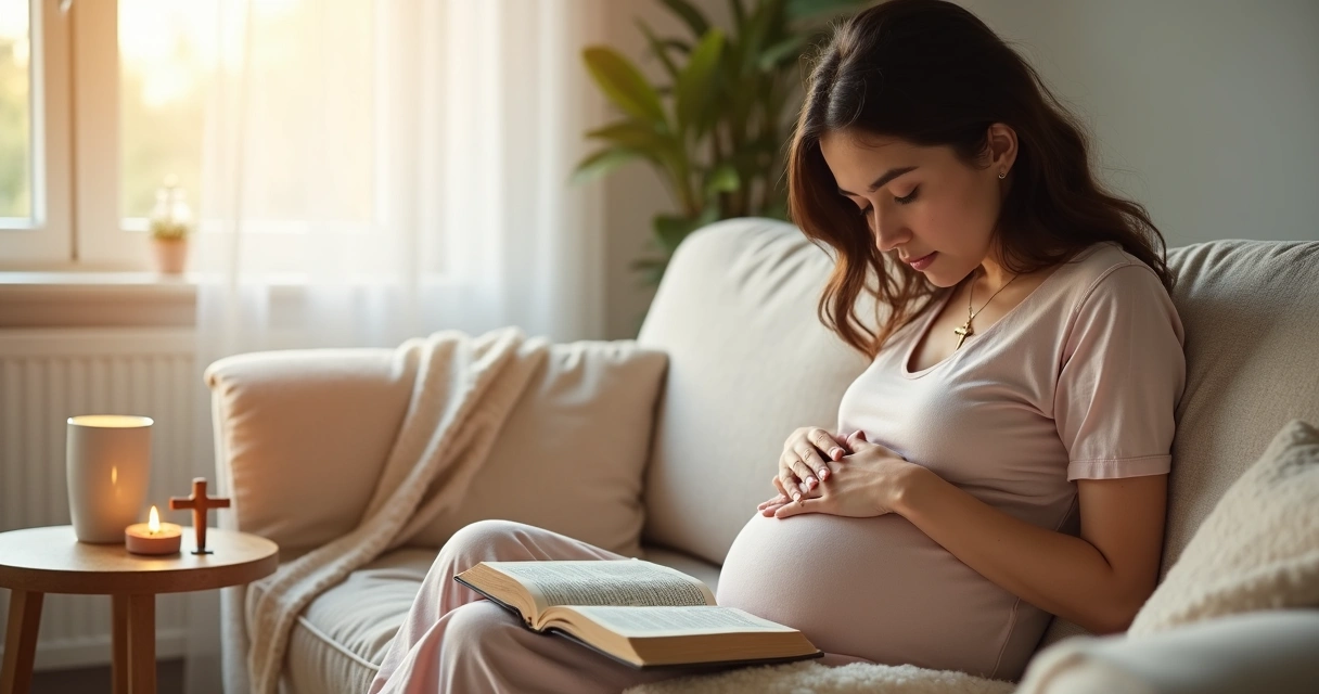 Mulher grávida cristã orando com a mão na barriga e a Bíblia aberta no colo 