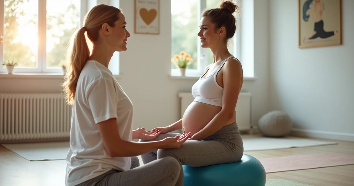 Grávida de terceiro trimestre sentada em bola de pilates fazendo exercício de respiração 