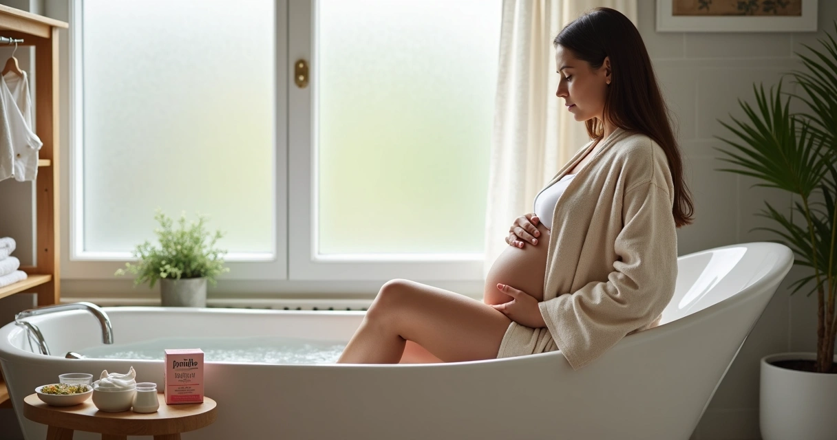 Mãe no pós-parto grávida tardia fazendo banho de assento em casa 