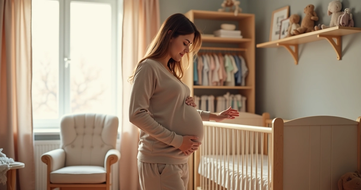 Mulher grávida preparando o quarto do bebê com móveis e decoração suaves 