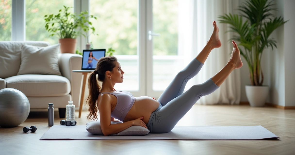 Gestante treinando em tapete de yoga com bola e halteres leves ao lado 