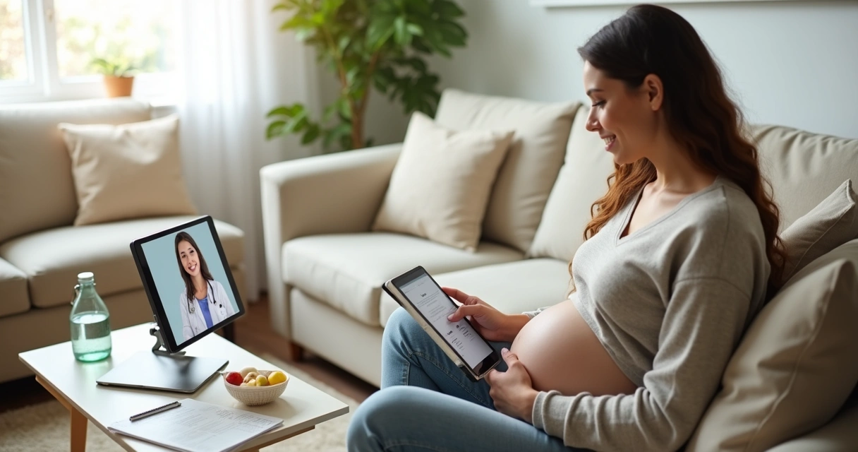 Gestante em teleatendimento com anotações e exames