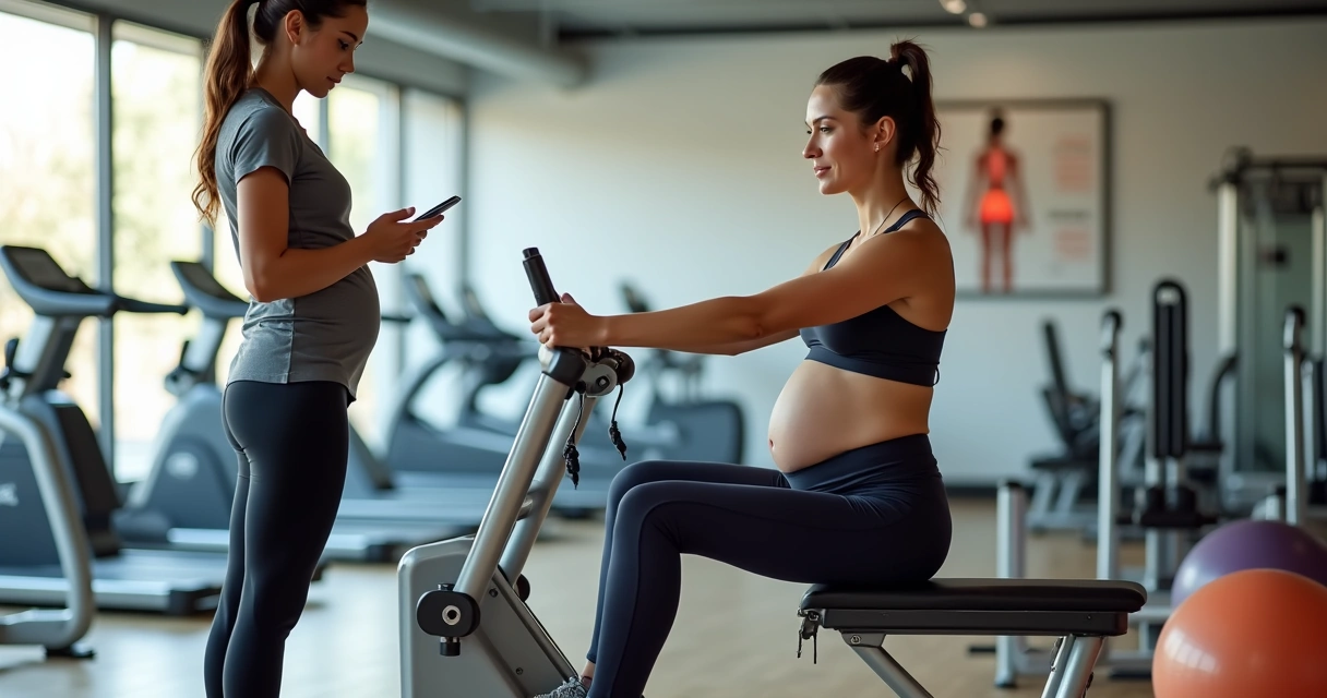 Gestante treinando com segurança em aparelho de musculação na academia 