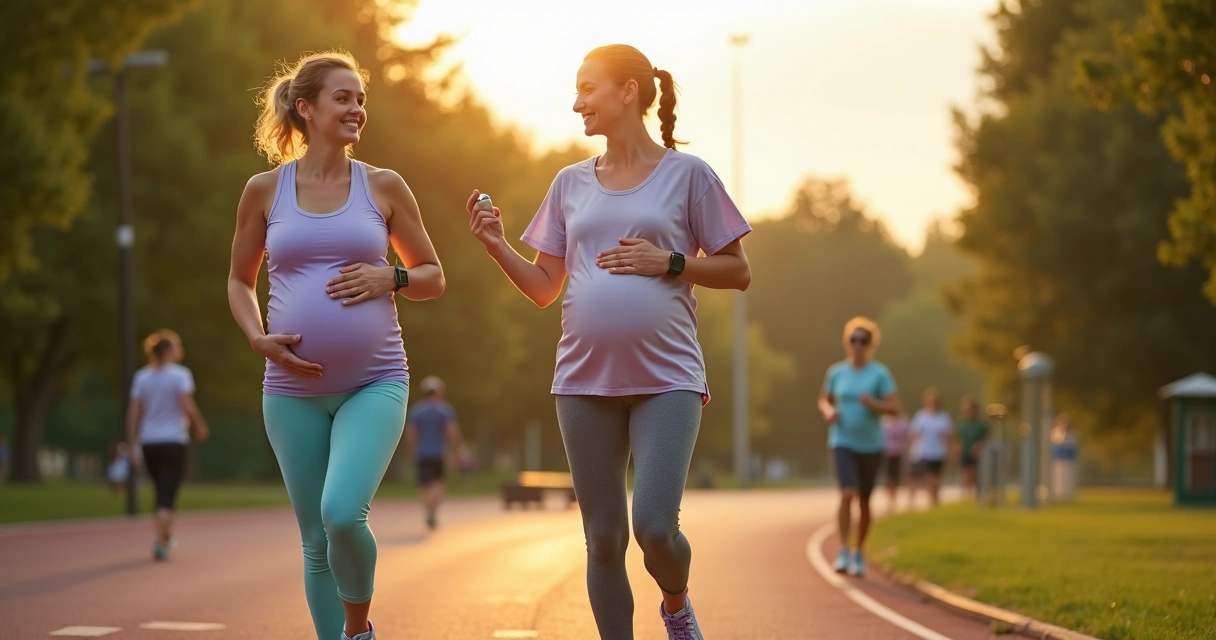 Gestante caminhando em parque ao amanhecer com educadora física ao lado 
