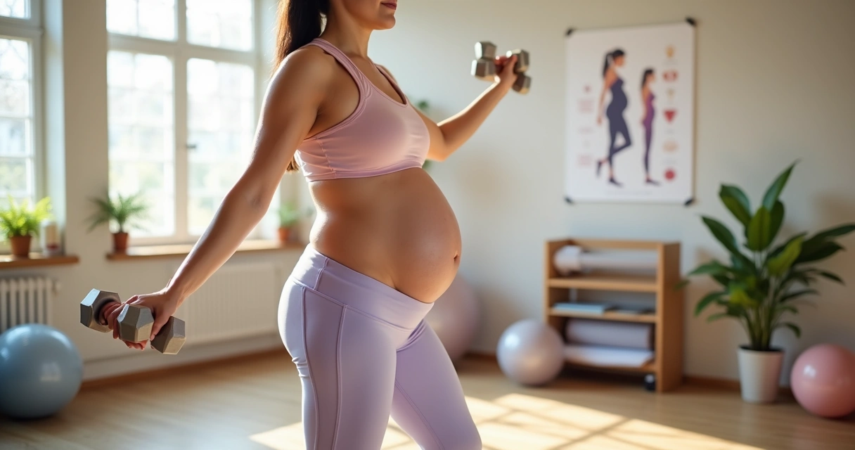 Gestante realizando treino funcional leve com acessórios em estúdio de exercícios 