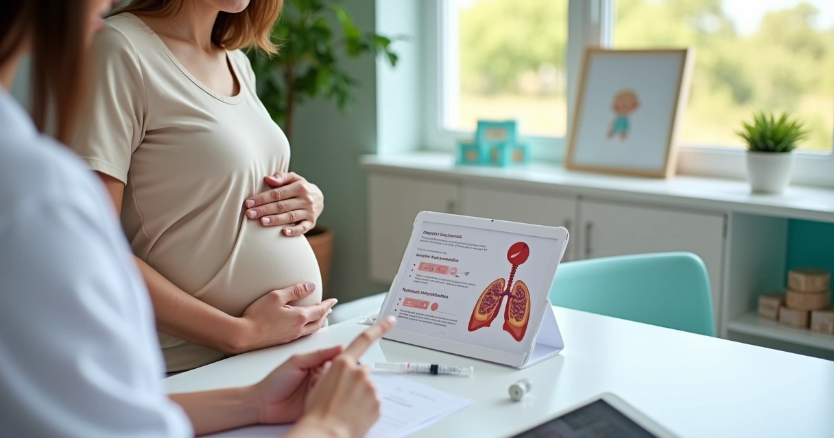 Gestante em consulta recebendo orientação sobre vacina contra bronquiolite 