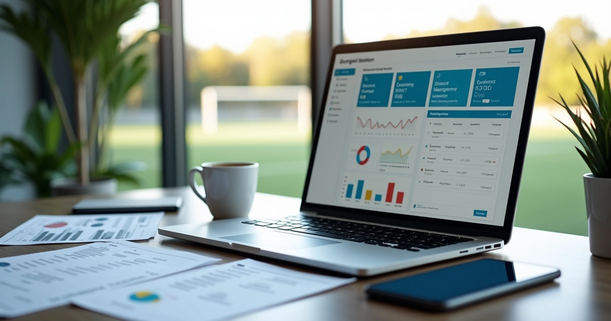 Tela de sistema de gestão para academia de futebol mostrando controle de alunos, contratos e pagamentos 