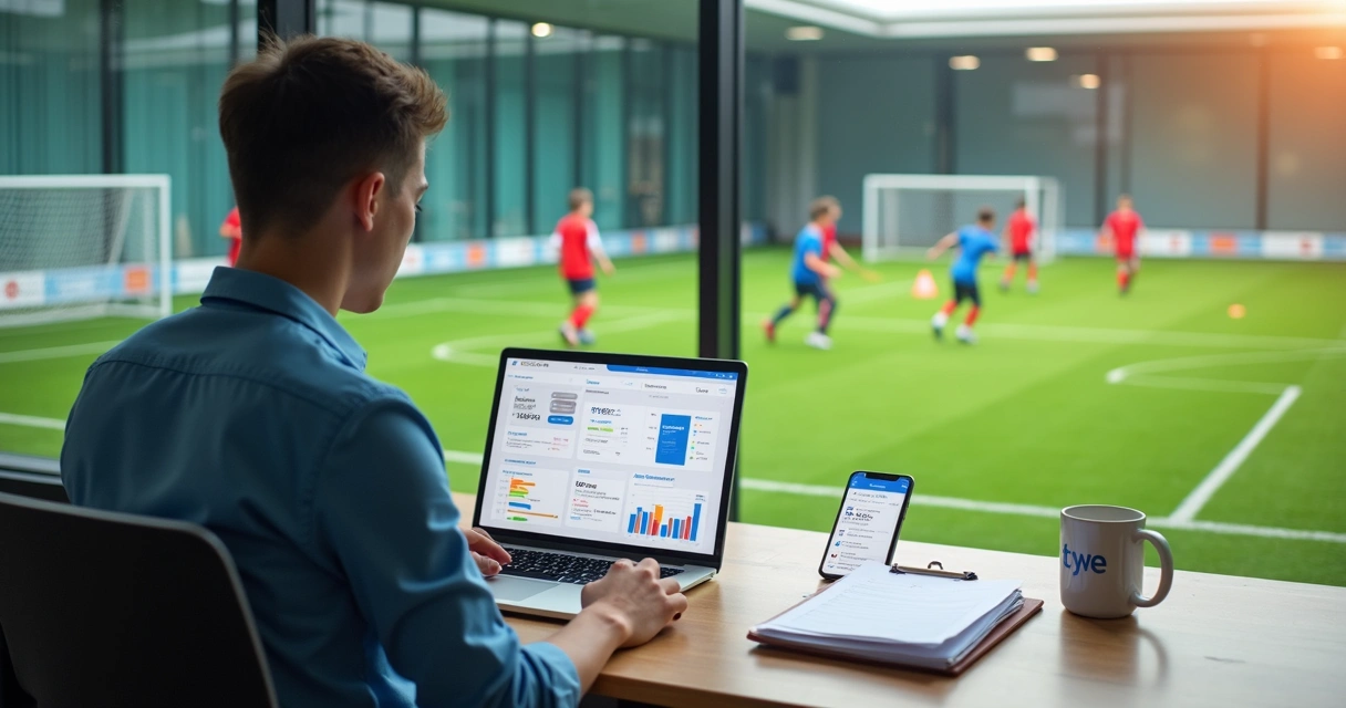 Gestor de academia de futebol usando plataforma digital em notebook ao lado de campo infantil 