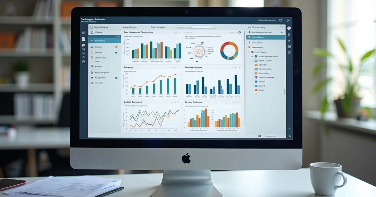 Tela de sistema de gestão acadêmica com gráficos de desempenho e fluxo de processo. 