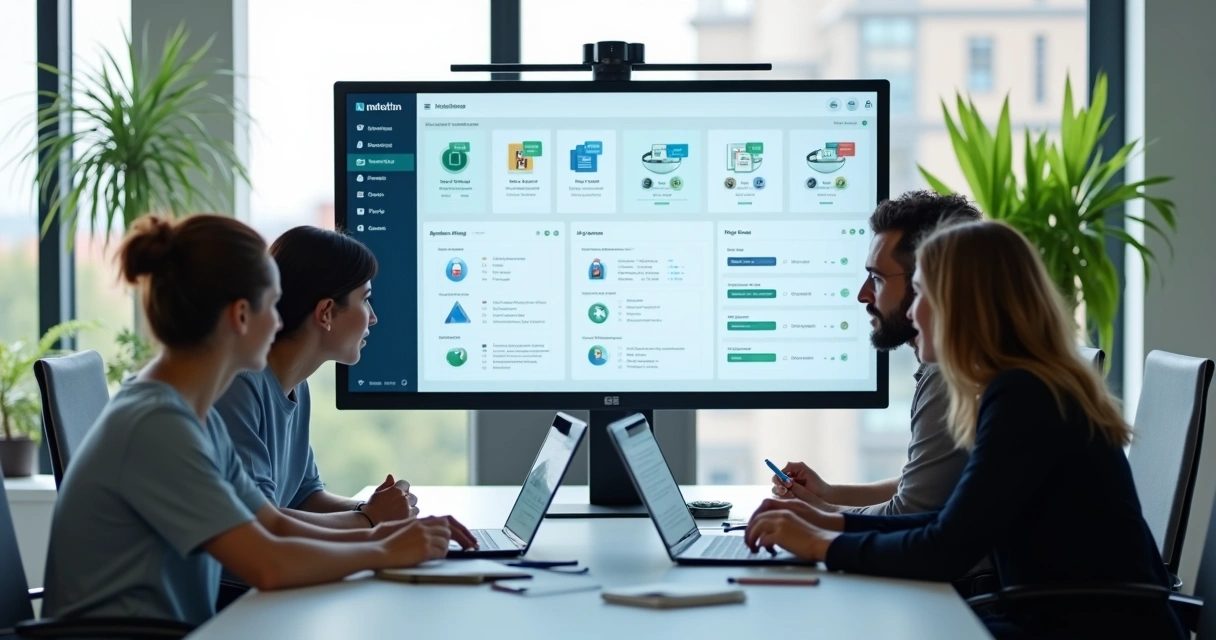 Equipe contábil analisando documentos digitais em painel seguro na tela 