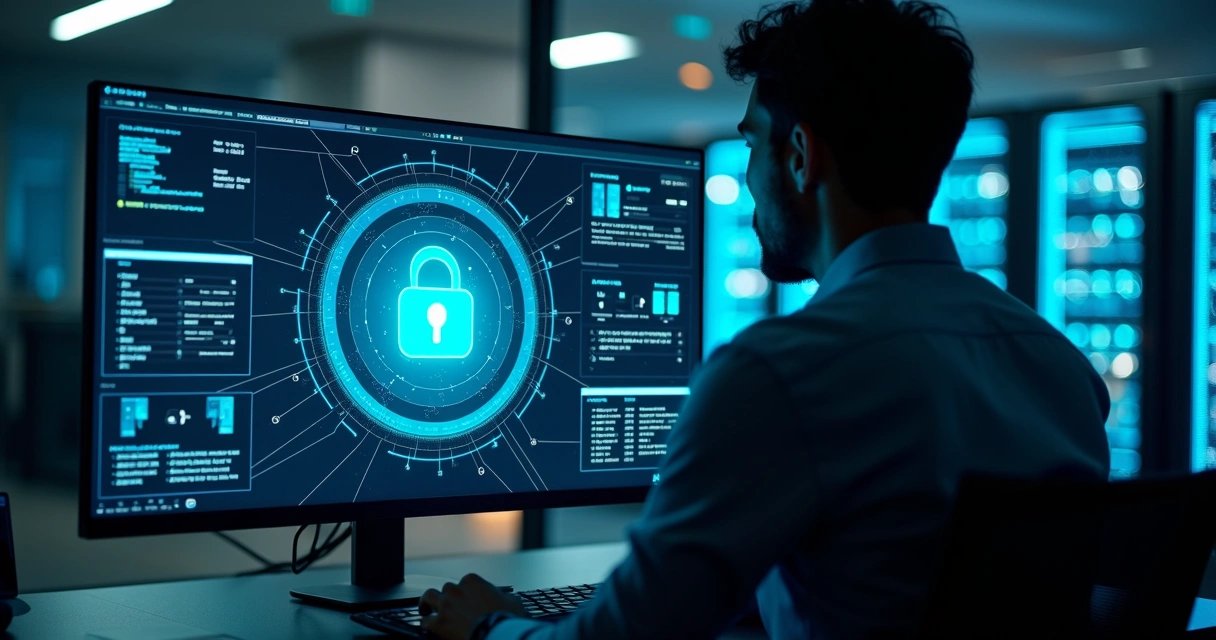 Painel de controle digital com cadeado protegendo acesso a servidores em data center 