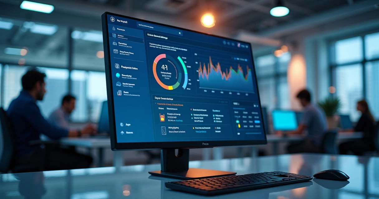 Tela de computador mostrando painel de gestão de acessos com gráficos e controles de permissões em ambiente de TI moderno 