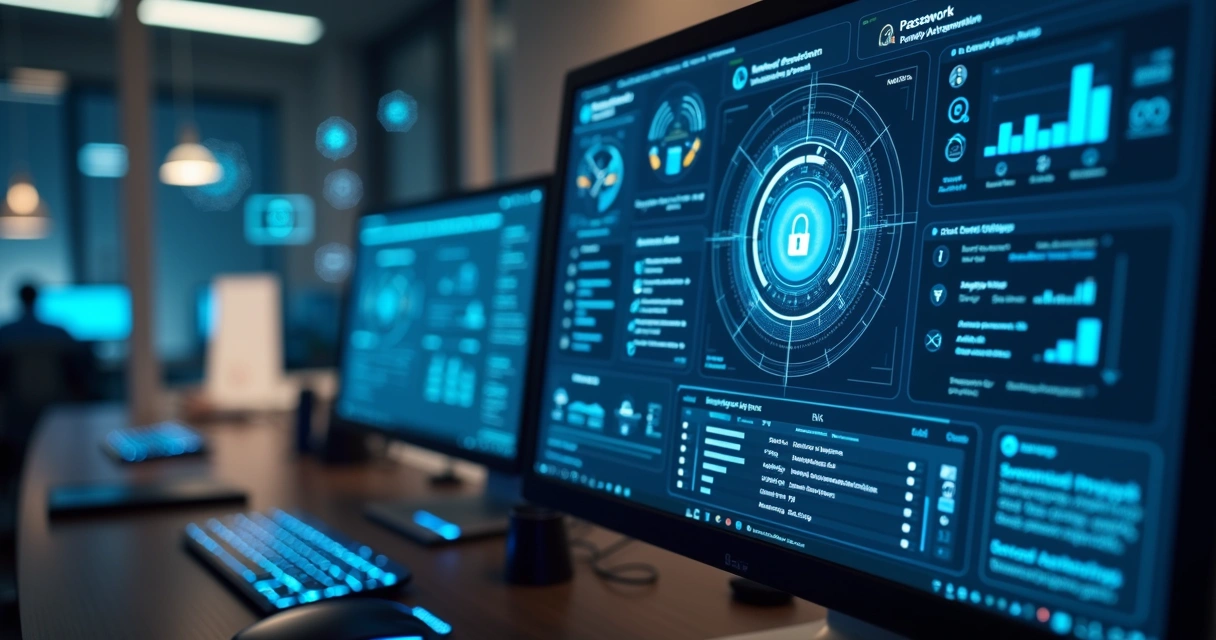 Tela de computador exibindo painel de gestão de acessos em ambiente de TI, com gráficos, senhas e ícones de segurança digital 
