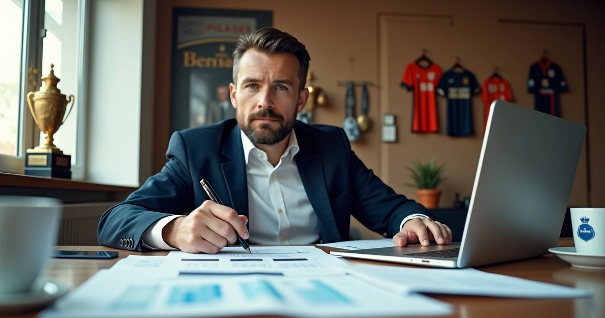 Pessoa analisando papéis de gestão administrativa de time de futebol 